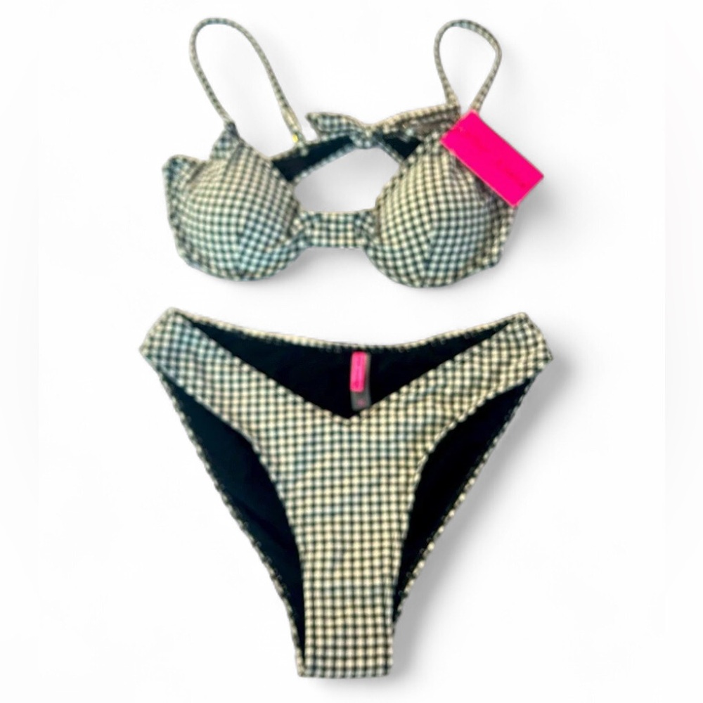 Betsey Johnson Bikini Set XL Black White Gingham Underwire Push Up Ruffle NWT
